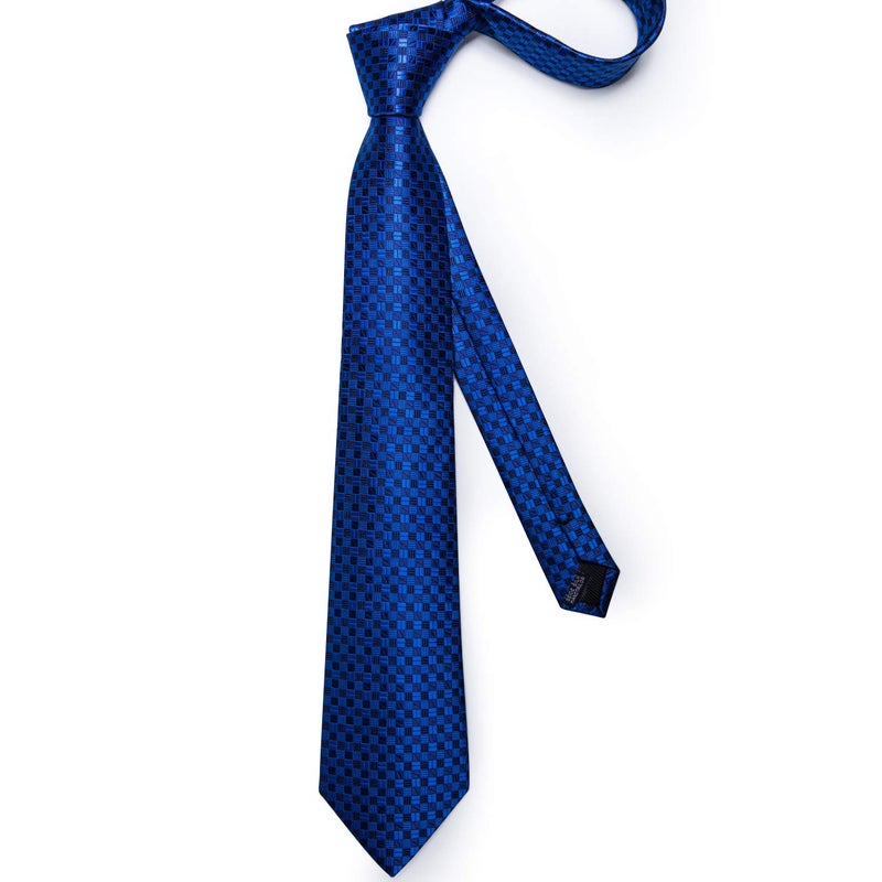 DiBanGu Plaid Ties for Men Silk Checkered Necktie and Pocket Square Cufflinks Tie Clip Set with Gift Box for Wedding Business, Royal Blue - Image 5
